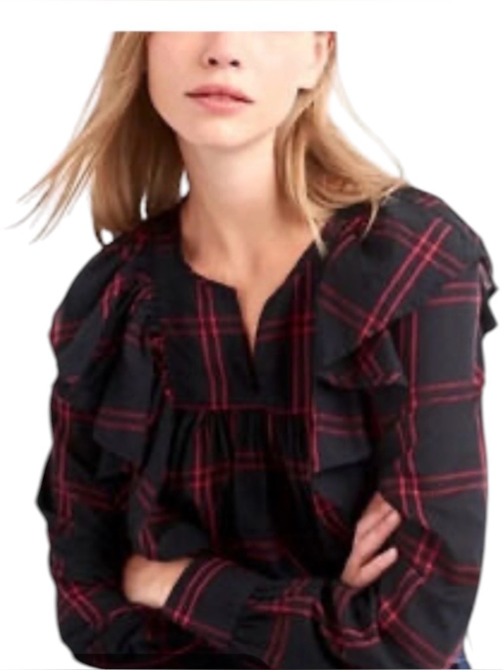 GAP Cascade Ruffle Black Red Plaid Shirt Size M Boho Romantic Holiday